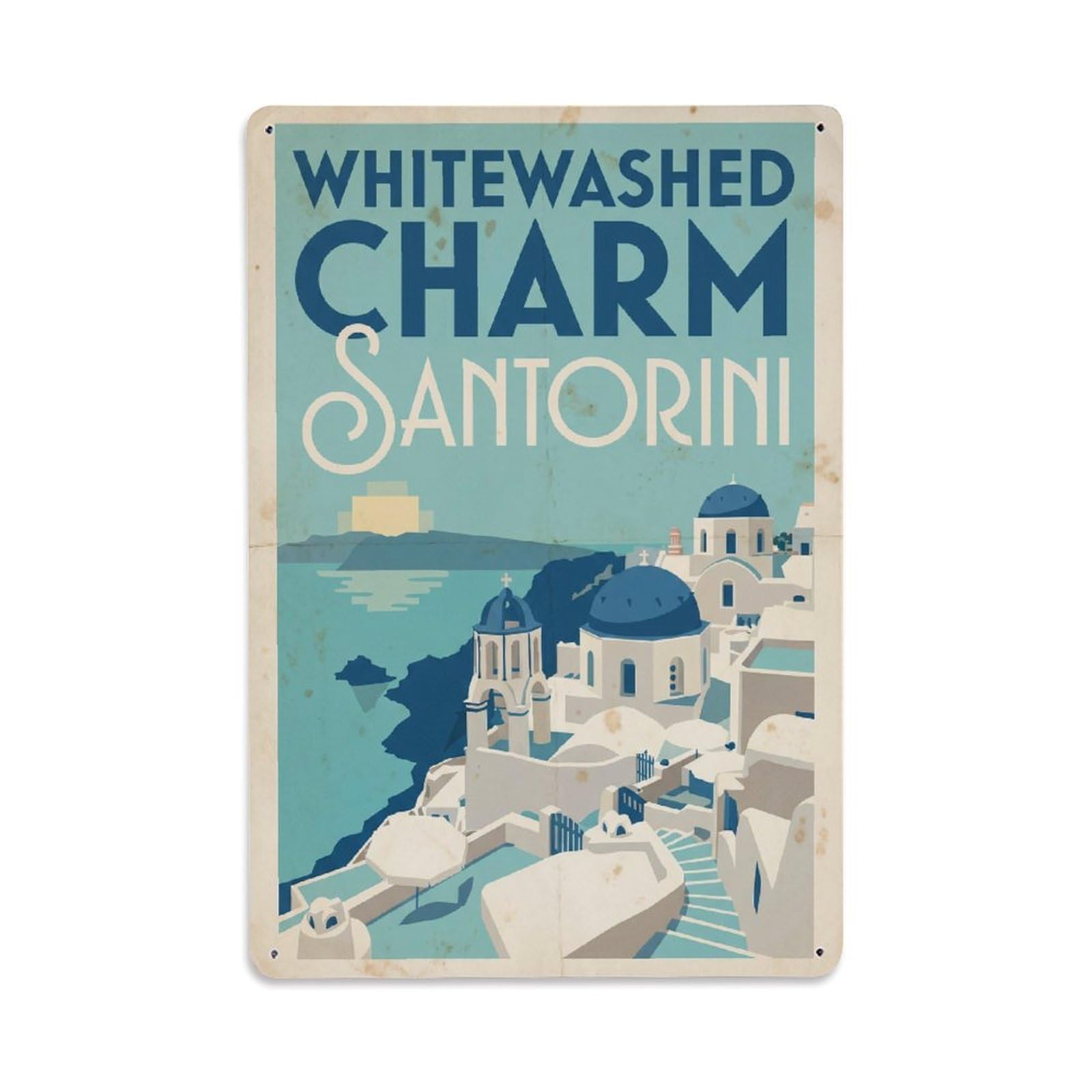 Gead 8X12inch Style Vintage Travel Santorini Whitewashed Charm Metal Tin Sign