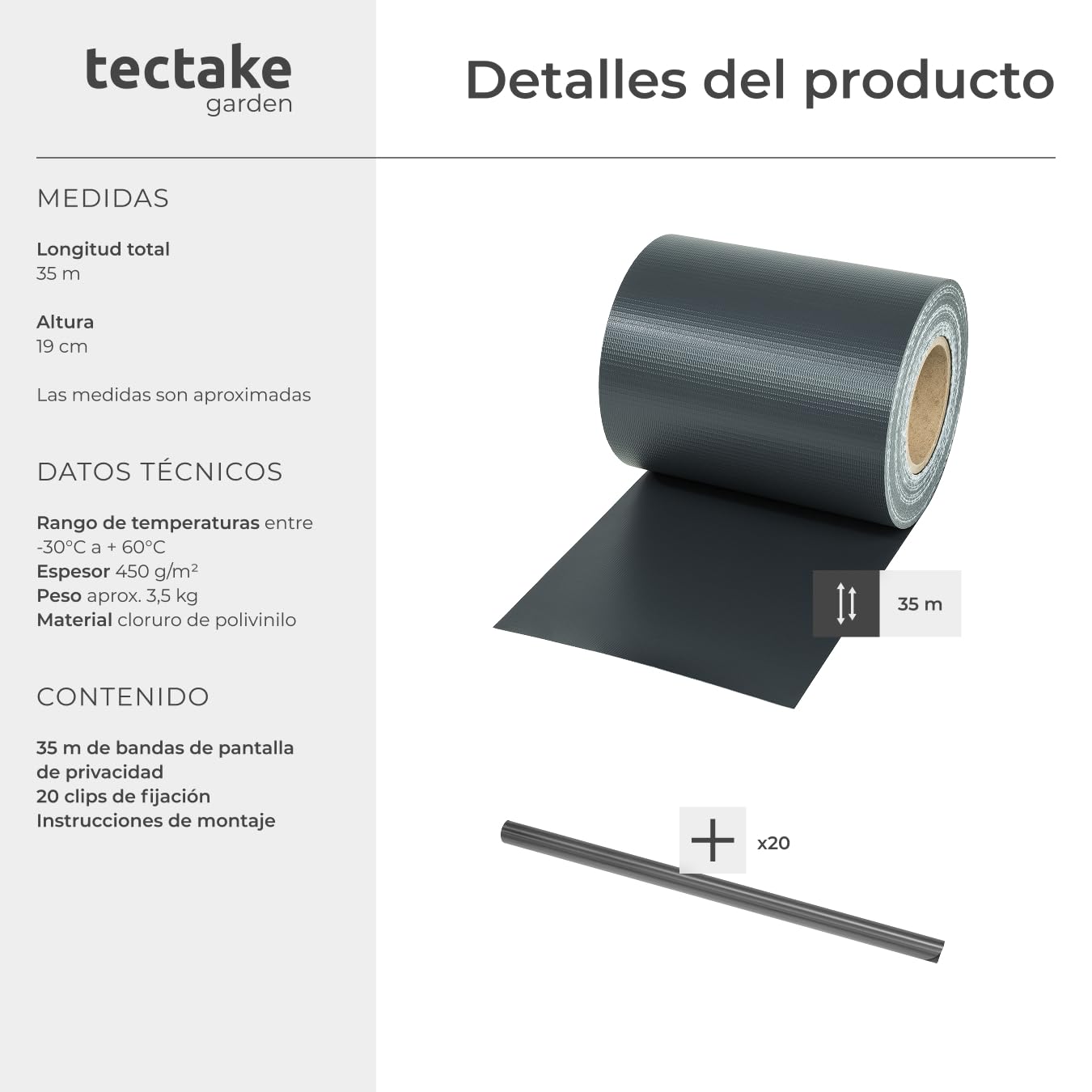 tectake® Rollo Aislamiento Aislante PVC 19 cm de Alto, Protección UV, Privacidad, Clips de Sujeción, Malla Sombreo, Ocultacion Jardin Exterior, Valla Jardin Exterior - 35 m Antracita