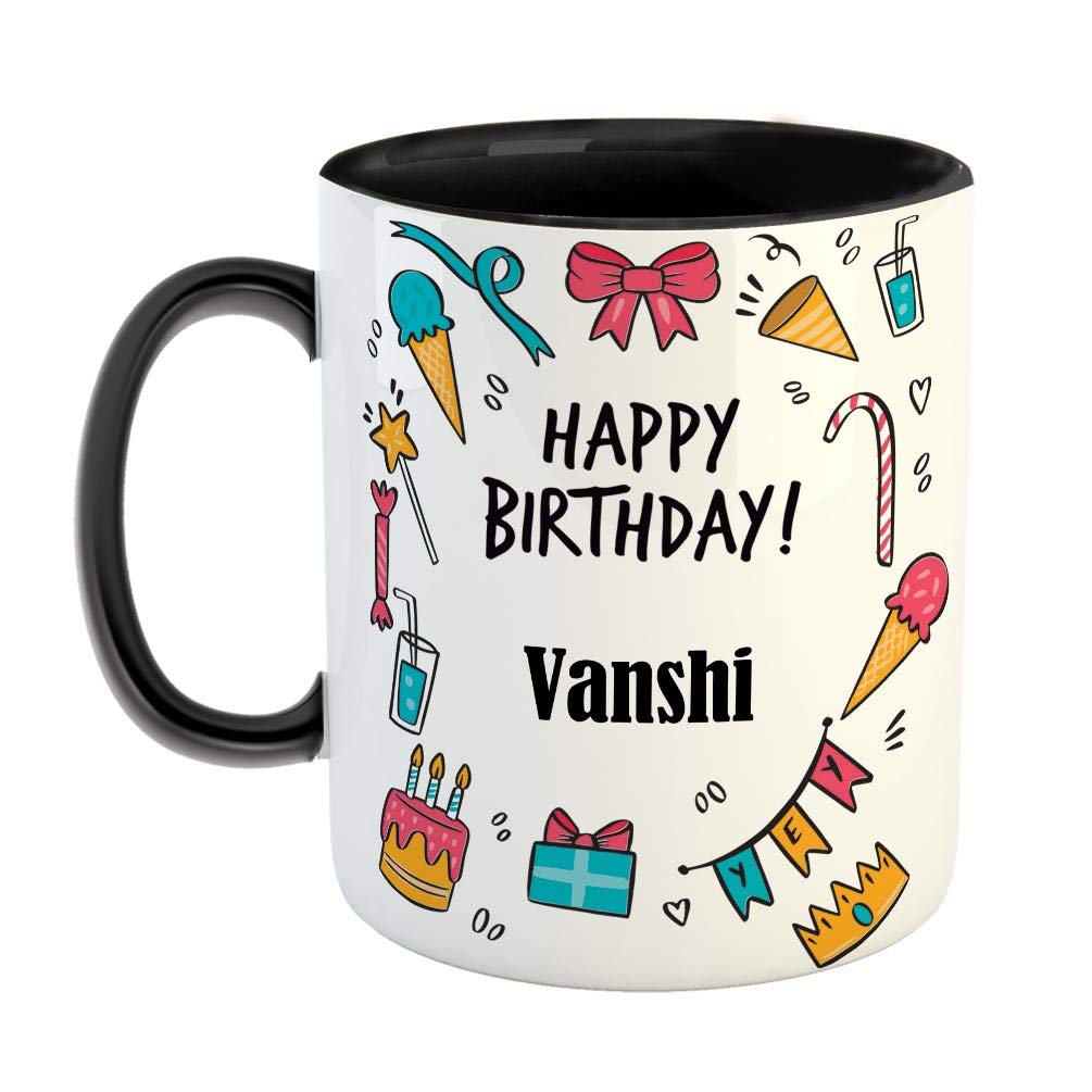 FurnishFantasy Ceramic Coffee Mug - Best Gift for Happy Birthday Mug , Color - Black, Name - Vanshi