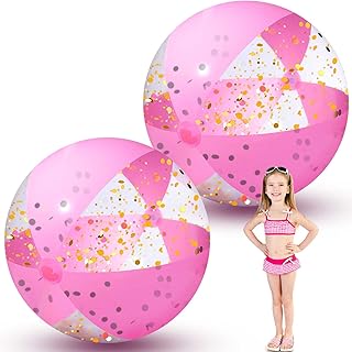 2 Pieces 42 Inch Giant Pink Beach Ball Large Glitter Inflatable Balls Big Swimming Pool Party Favor Balls Confetti Plastic Balls for Water Games Beach Summer Pool Toy Hawaii Luau Birthday Party Decor