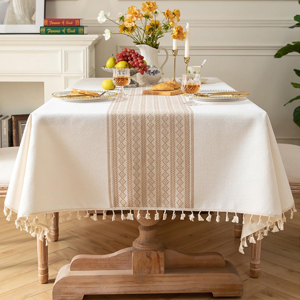 Pahajim Table cloths Rectangular Cotton Linen Tablecloth with Tassel Dust-Proof Washable Table Cover for Kitchen Dinning Outdoor Tabletop Decorations (White,55 x 55 Inch)