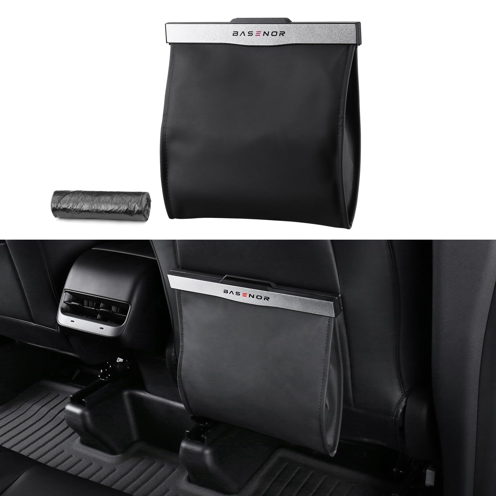 BASENOR 2026 Tesla Model Y 3 S X Cybertruck mejorado, cubo de basura magnético resistente al agua con luz LED, cubo de basura de cuero, asiento trasero colgante, accesorios interiores 2017-2026