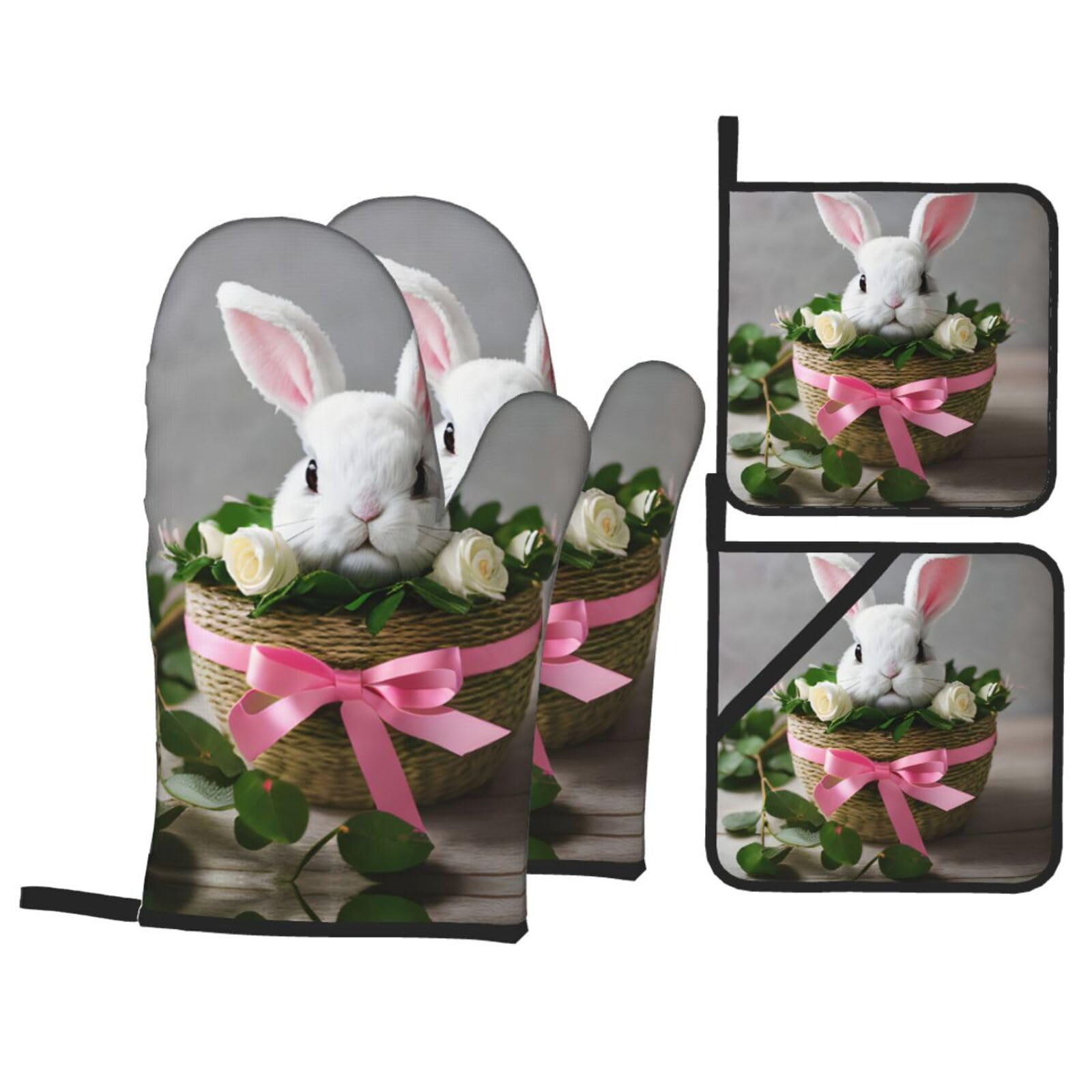 Bunny Rosette Print Stylish 4-Piece Microwaving Oven Waterproof Kitchen Gloves Baking Holiday Cooking