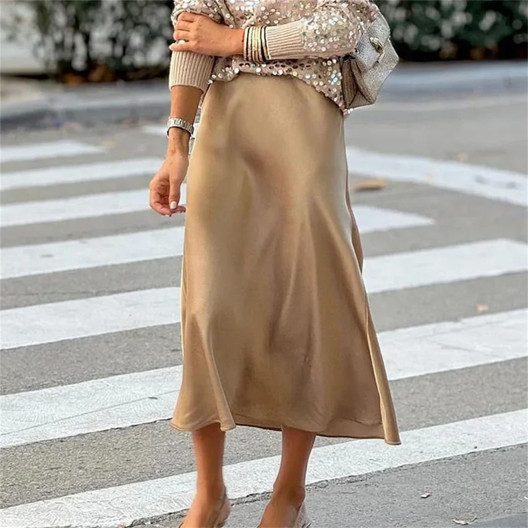Gonne in raso a vita alta da donna Primavera Solido Drappeggiato Gonne estive Casaul Slim Long Party Gonne