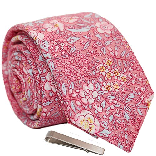 Image of Men's Skinny Tie Floral Cotton Necktie and Tie Bar Clip Sets, Great for Weddings,Groom,Groomsmen