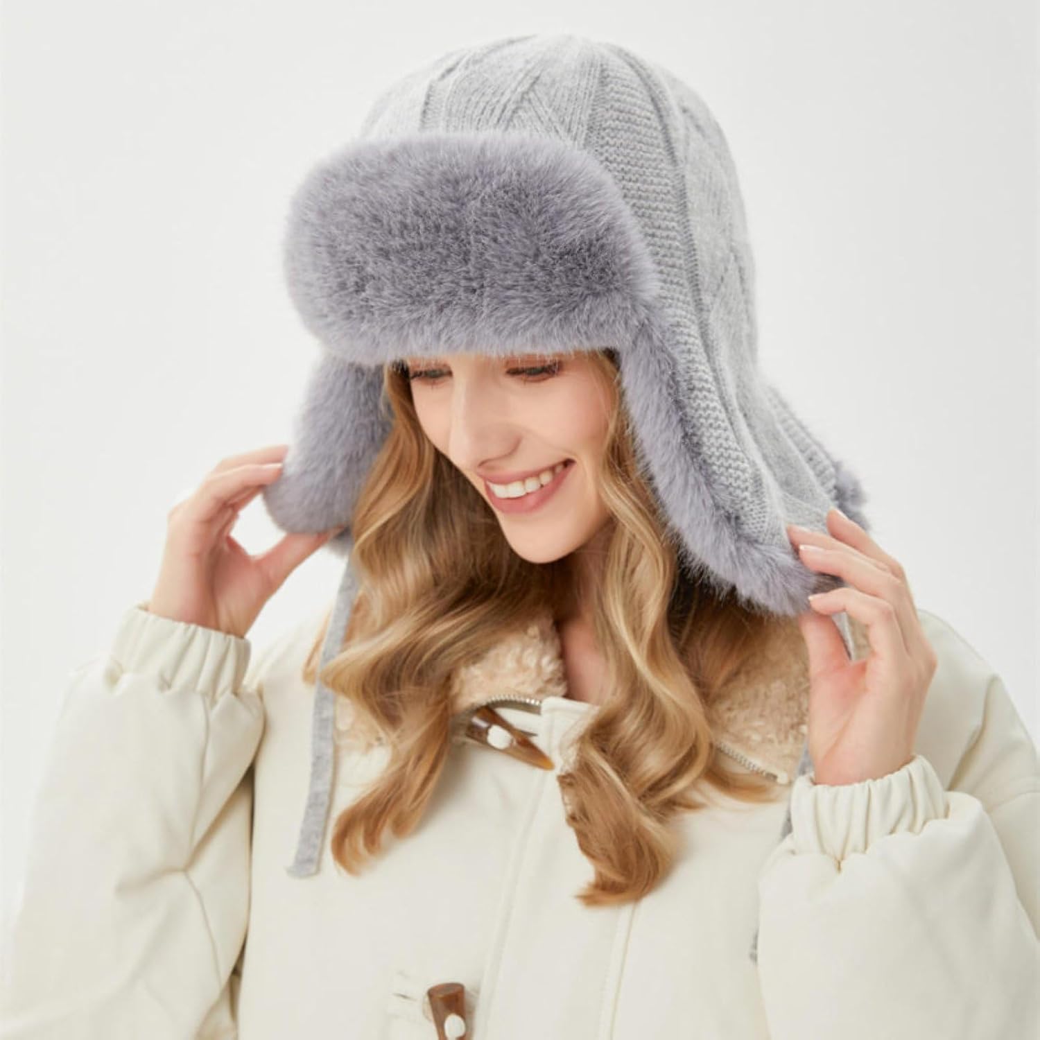 Womens Winter Cozy Knitted Ushanka Russian Hat Thickened Faux Fur Trapper Hat Windproof Ear Flaps Hunting Hat