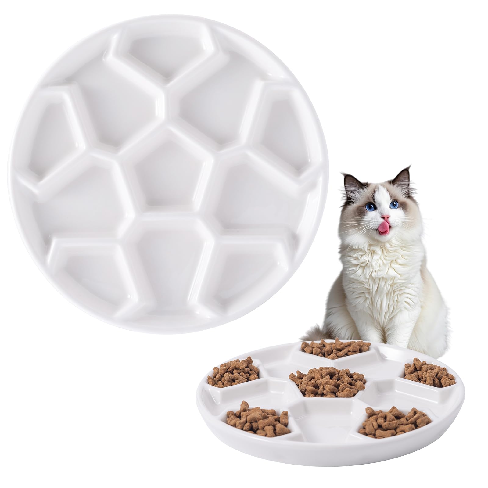 Ceramic Slow Feeder Cat Bowl Anti-Vomiting Cat Food Dish with Football Structural Maze Design Anti-sling Cat Bowl, Cat Shallow Bowl-Whisker Friendly