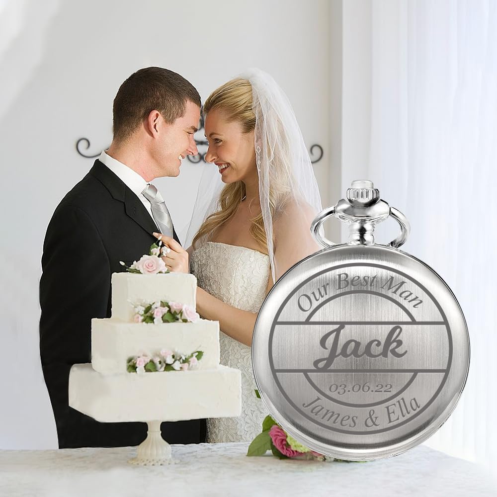 TREEWETO Reloj de bolsillo grabado personalizado con cadena de grabado para hombre, regalo para mejor hombre, relojes de bolsillo de cuarzo, regalos para novios para boda