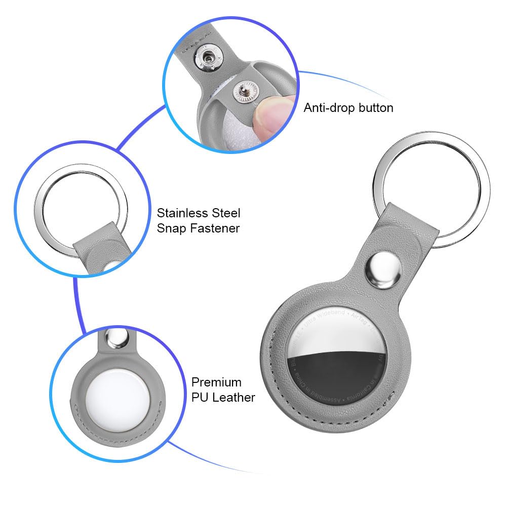 AXFEE Étui de Protection en Cuir pour Apple AirTag 2023, Porte-Clé, Anti-Chute et Anti-Rayures, Portable Key Finder pour Clés, Enfants, Animaux, Gris - 4