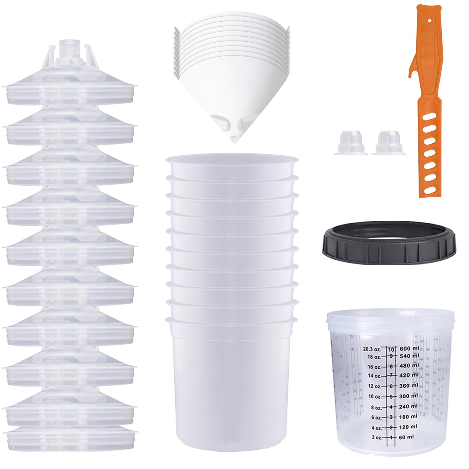 Einweg Farbmischbecher 20 Unzen (600ml) Set, Farbspritzpistole Mischbecher, für HVLP und LVLP Farbspritzpistolen mit 10/30/50 Bechern und Deckeln, 1 Hartbecher mit Haltering