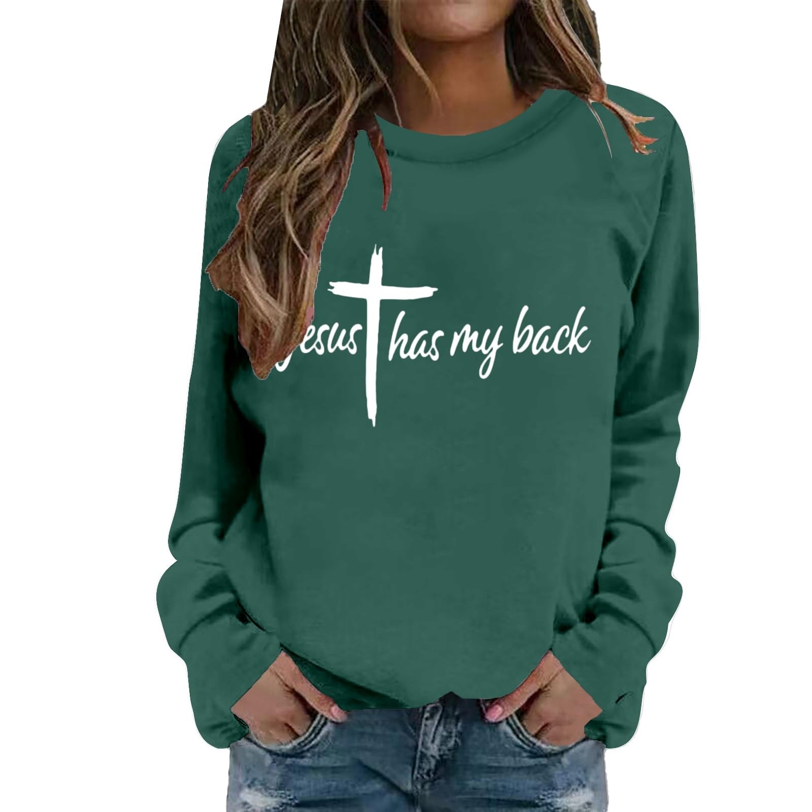 Generisch Maglione da donna, con stampa, a maniche lunghe, girocollo, vestibilità normale, per autunno e inverno, maglione natalizio, Jesus Christian Graphic