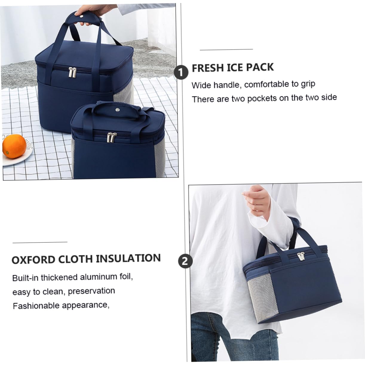 Alipis Kühltasche aus Oxford Großem Fassungsvermögen Picknicktasche Lunchbeutel mit Wärmespeicherung für Schule und Freizeit Inklusive Seitentaschen für Handy Blau