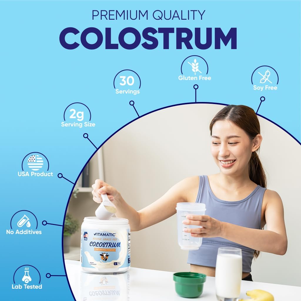 Vitamatic Bovine Colostrum 30% IgG Powder - Supplement for Gut Health, Hair Growth, Beauty, Muscle Recovery, & Immune Support - Easy to Mix - 60 Gram (30 Servings, Unflavored) - Image 5