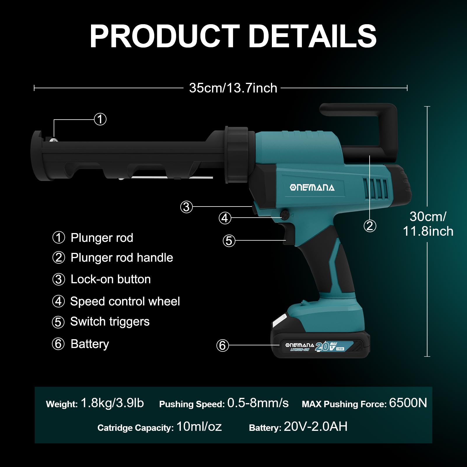 KHZKHC Cordless Caulking Gun, 6 Adjustable Speeds Drip-Free Silicone Gun, Electric Caulking Gun Battery Operated, With LED Light,Automatic Glue Back Design, For Filling,Sealing