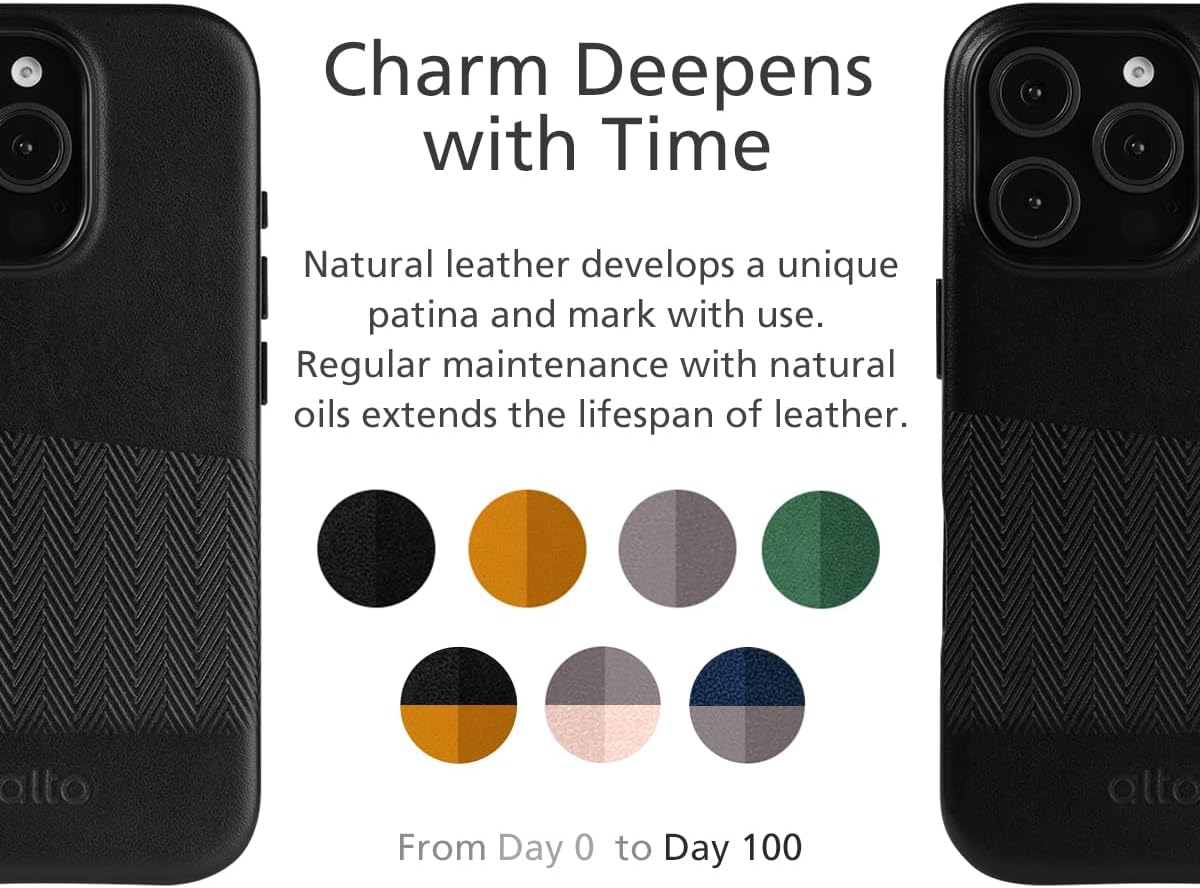 alto Compatible with iPhone 16 Pro 2024 and MagSafe, Magnetic Embossed Italian Leather Case, Herring Series Drop Protective Phone Case (iPhone 16 Pro, 6.3 inch, Embossed Raven Black)