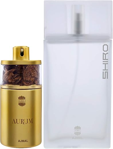 Ajmal Aurum EDP Fruity Floral Perfume 75ml for Women and Shiro EDP Citrus Spicy Perfume 90ml for Men