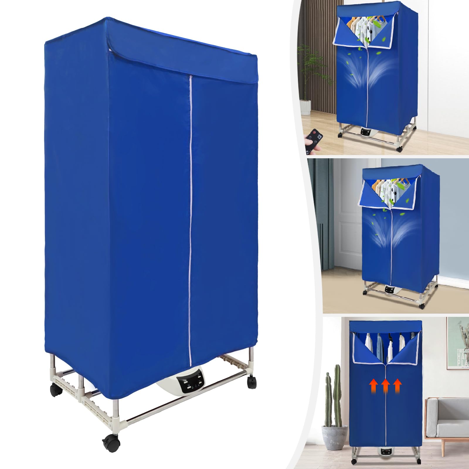 Wäschetrockner, Tragbare Elektrisch Trockner Klein, 1500W Kleiderschrank Warmlufttrockner, Mobiler Wäschetrockner Kleiderschrank mit Timer, IPX1, Geräuscharm, 3 Windgeschwindigkeiten (Blau)