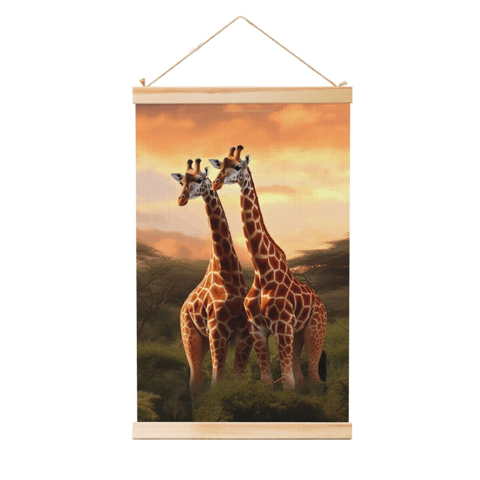 Couple Giraffe Posters Wooden Shaft Hanging Poster Canvas Prints Scroll Wall Art Painting Vintage Wall Banner Modern Artwork Decor for Home Decor Ready to Hang 16"x24"