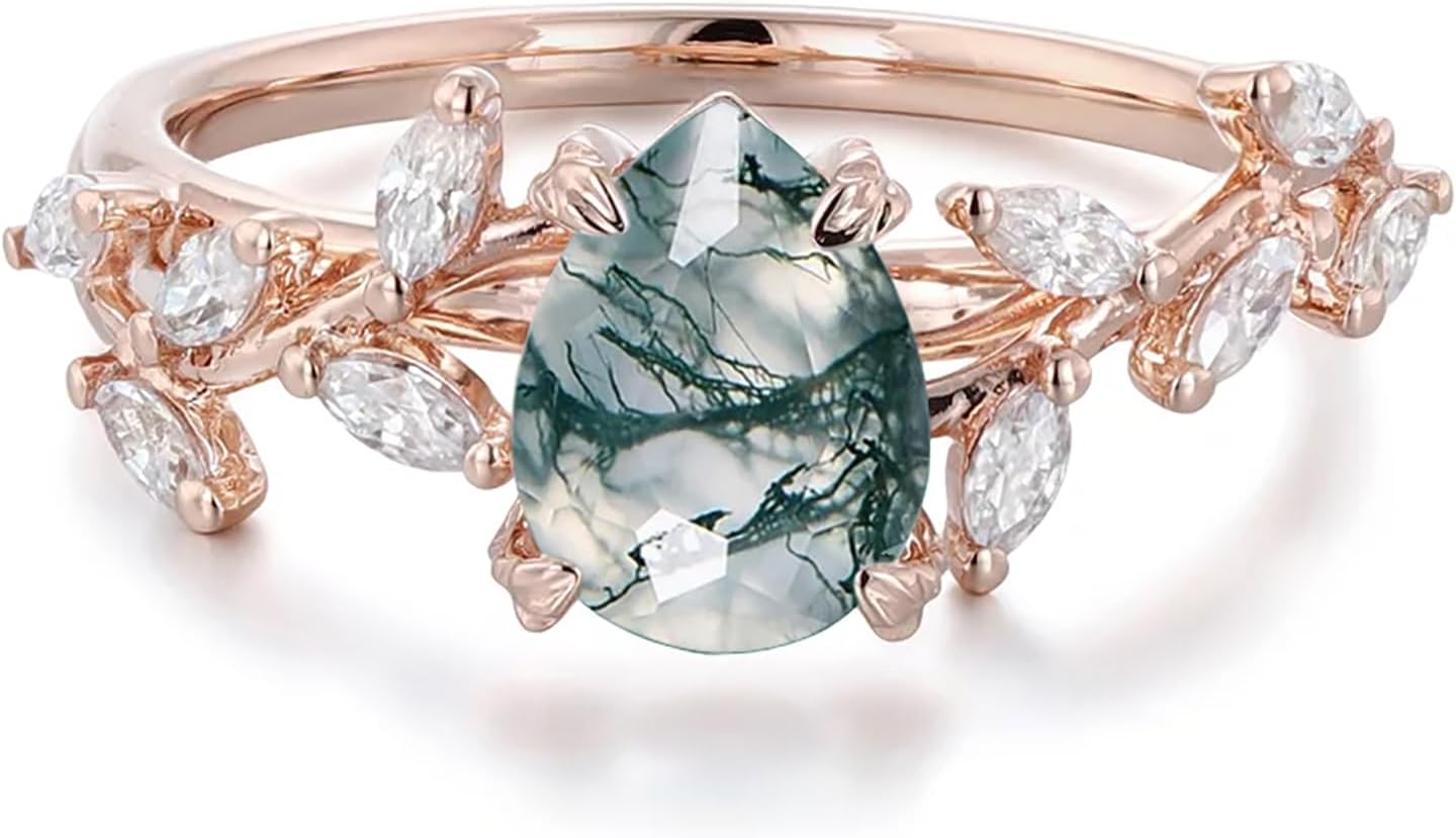 10K 14K 18K Rose Gold 2CT Natural Pear Moss Agate Engagement Ring for Women 925 Sterling Silver Genuine Teardrop Moss Agate Leaf Vine Art Deco Bridal Wedding Promise Anniversary Ring Size 4-15-1