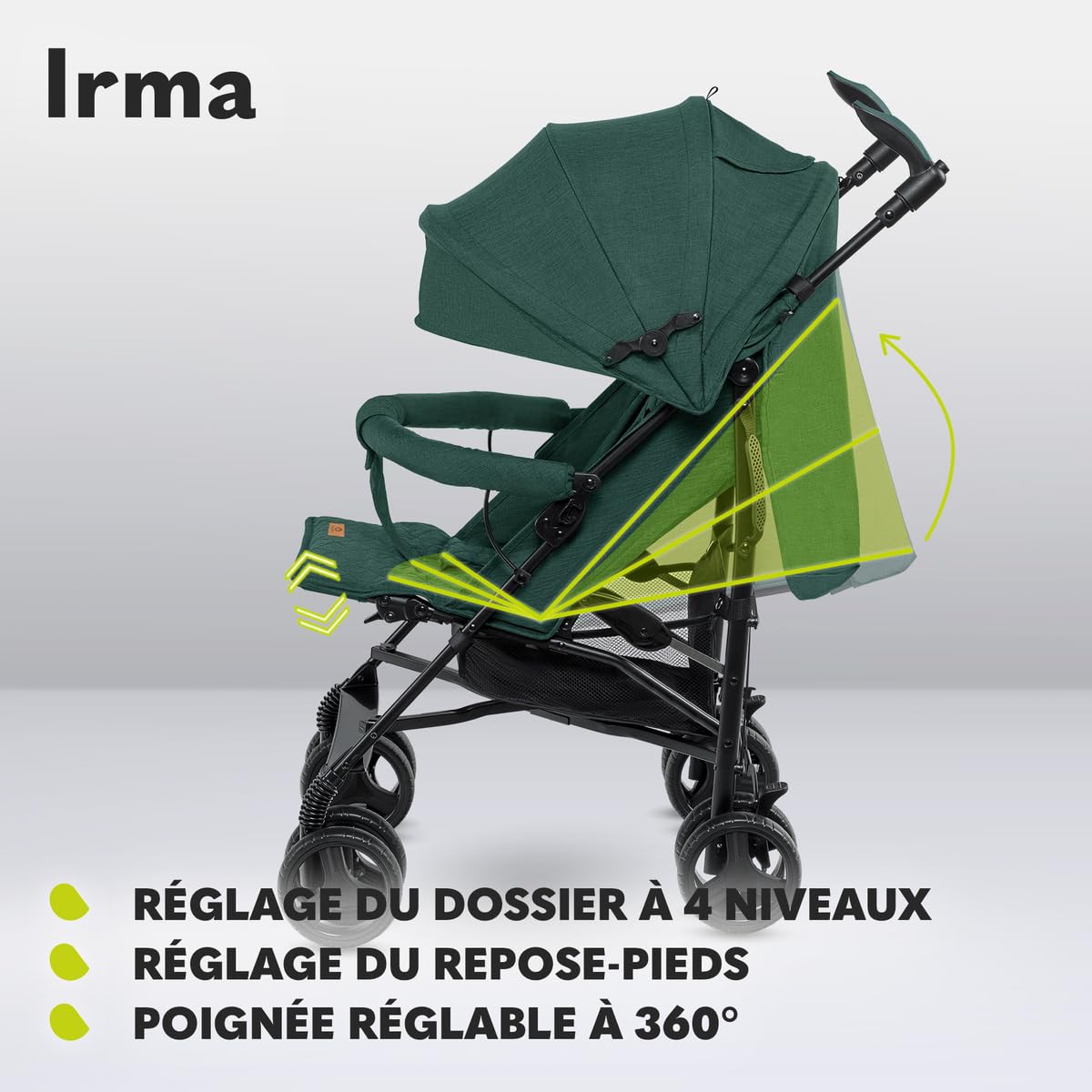 LIONELO Irma poussette canne à 15 kg (0 à 36 mois), légère et compacte, réglage du dossier jusqu’à la position couchée, grand panier système de pliage rapide, moustiquaire, chauffe-pieds