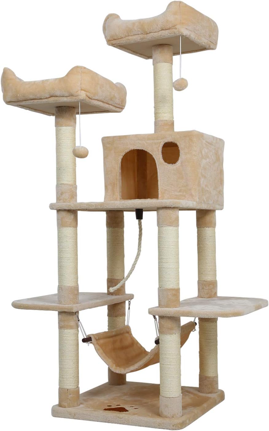 Meerveil Cat Tree - Tall Large Scratching Post, Multi-Level Stable Climbing Tower With Padded Perches, Play Toys for Activity, Beige, 50x50x145 cm