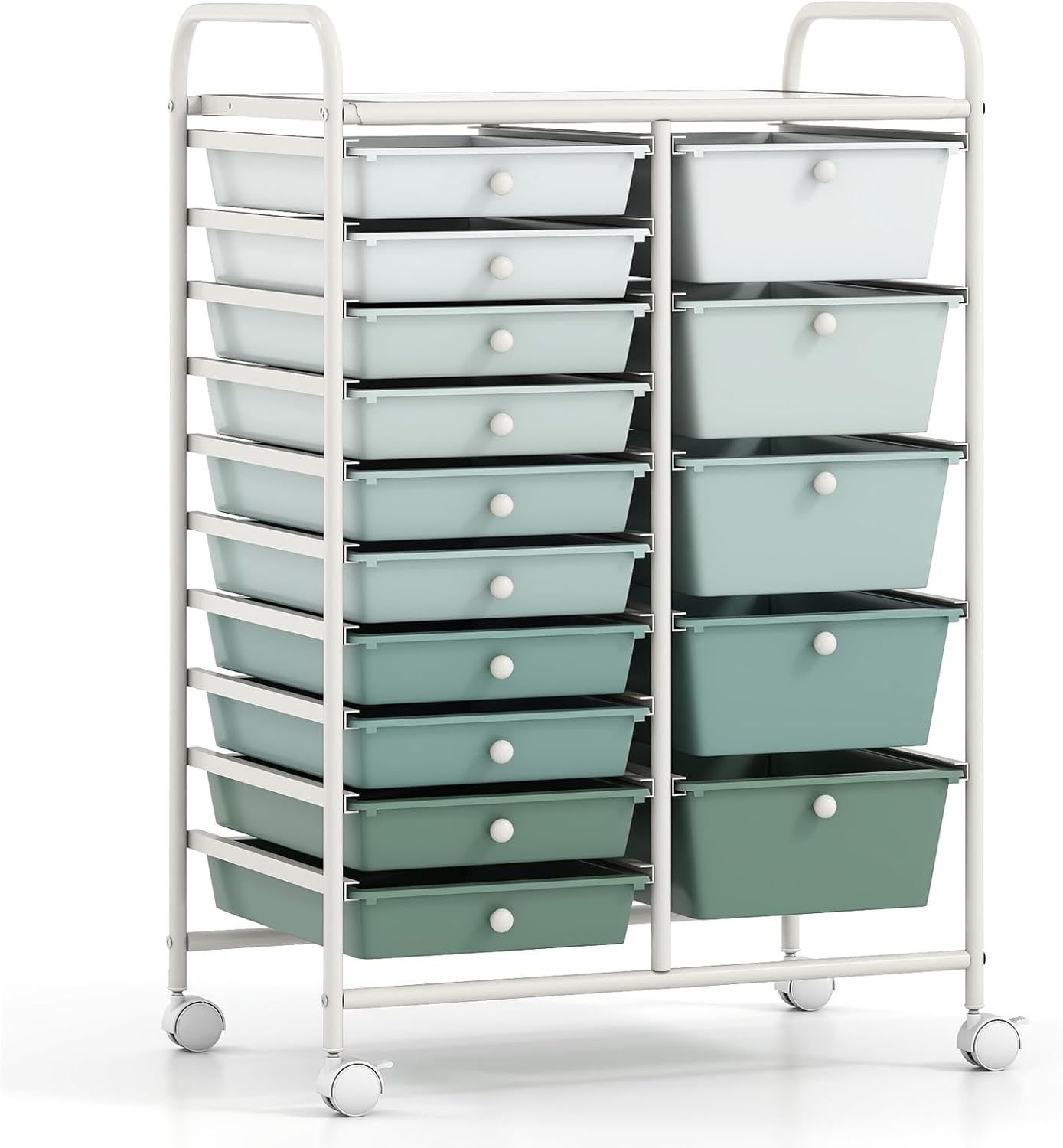 COSTWAY 15 Drawer Rolling Storage Cart, Mobile Utility Cart with Lockable Wheels, Drawers, Multipurpose Organizer Cart for Home, Office, School, Gradient Green