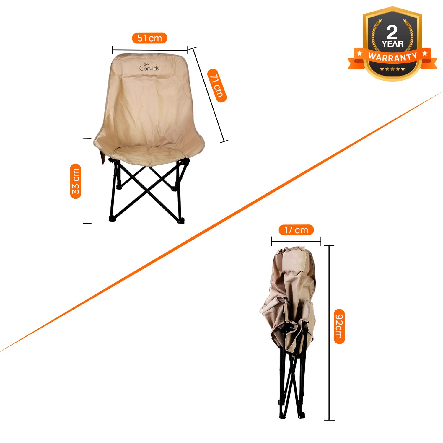 Corvids Rubber Wood Foldable Camping Chair with Oxford Fabric | Comfortable & Lightweight Chair for Hiking, Picnic, Garden & Outdoor Use (Khaki, Large) - Image 2 thumbnail