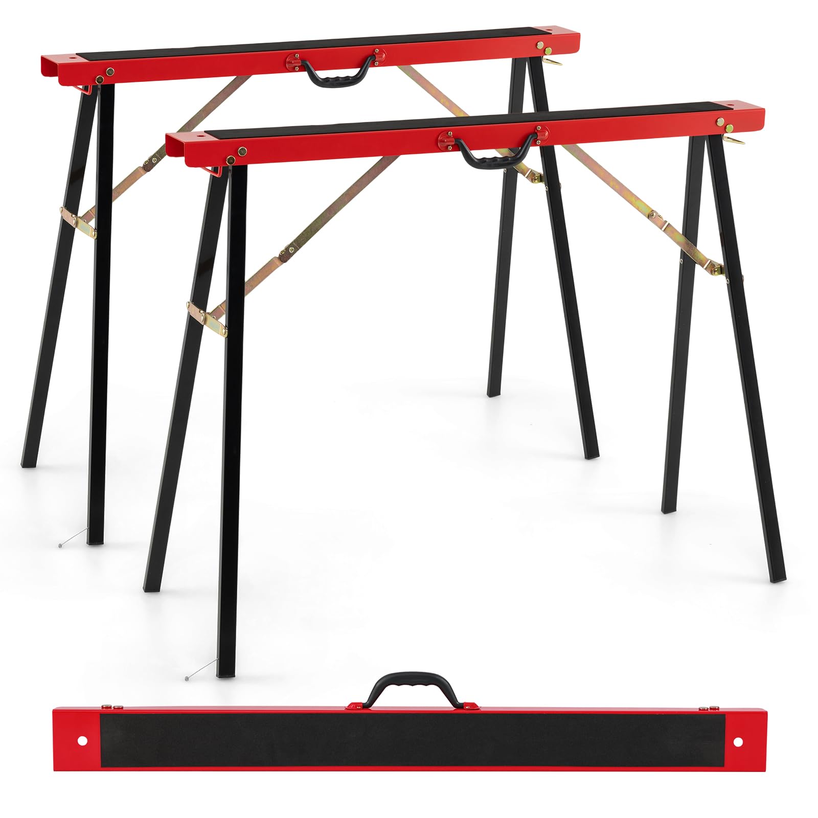 GOPLUS Juego de 2 Caballetes de Sierra Plegables, Caballete de Metal Galvanizado con Superficie Antideslizante y Asa, Capacidad de 375 kg, Soporte Portátil para Herramientas Carpintería Bricolaje