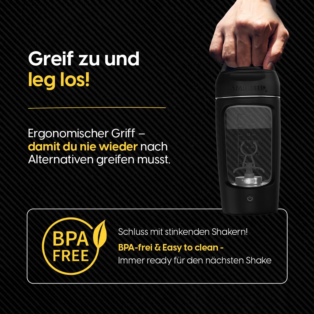 STARKSHAKE V4 – eccellente come miglior shaker elettrico della F.A.Z.-Verlag (2025) | Shaker di proteine elettrico per frullati di proteine | 8000 UPM | USB-C | 120+ frullati | incluso STARKPOD | nero