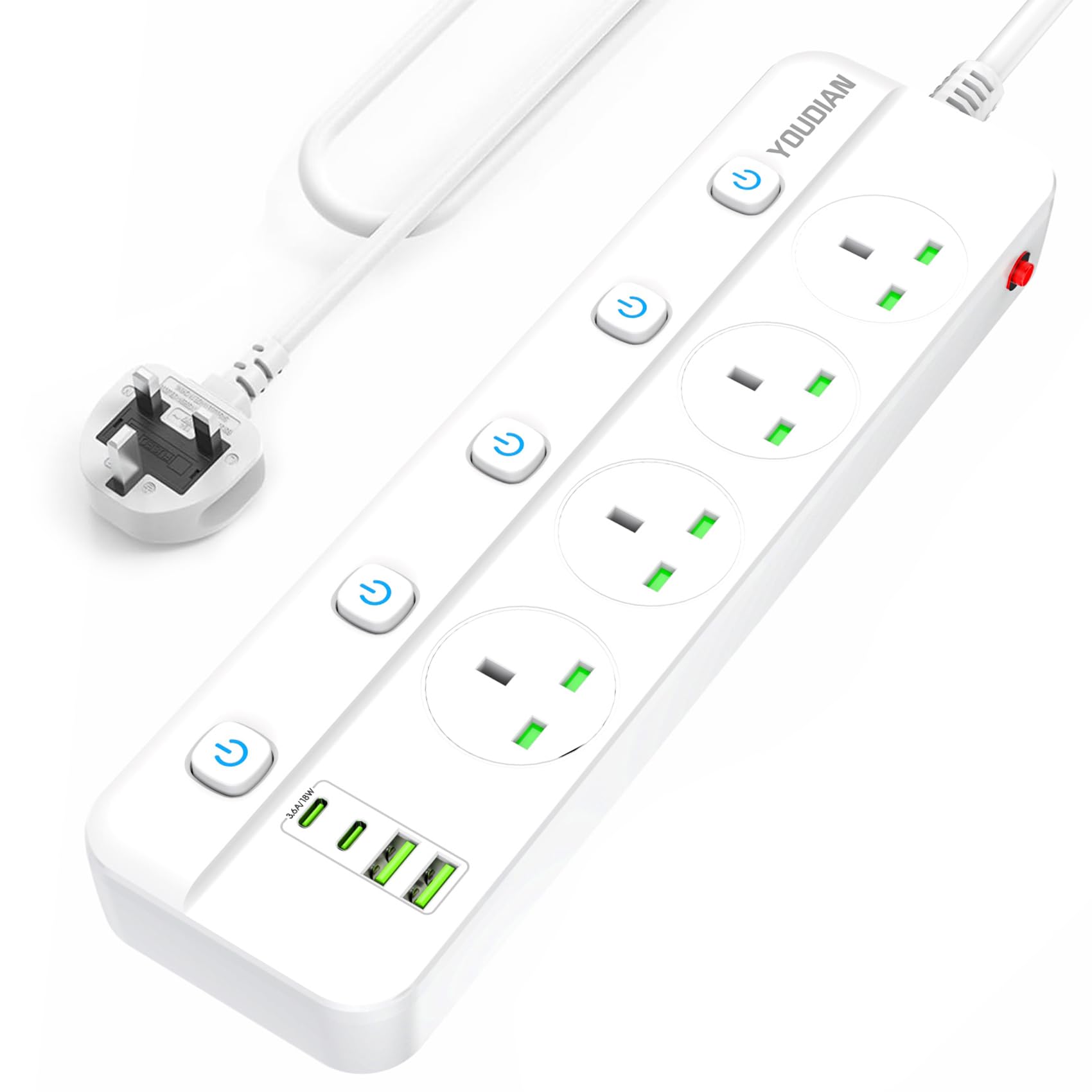 Extension Lead with USB Slots,4 Way Plug Sockets with 2 USB C and 2 USB A Ports,16A,UK Power Strip Surge Protected Extension Lead with Individual Switch and 2M Extension Cord for Home,Kitchen,Office