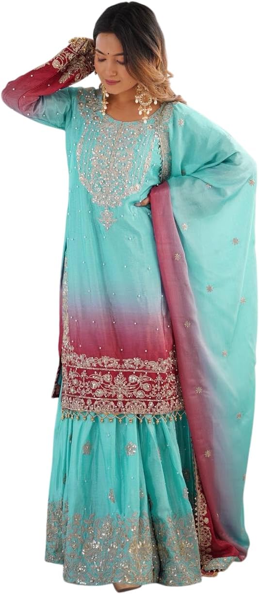 - Women's Chinon Silk Sequence With Rivet Moti Work Straight Kurta With Sharara and Dupatta Set