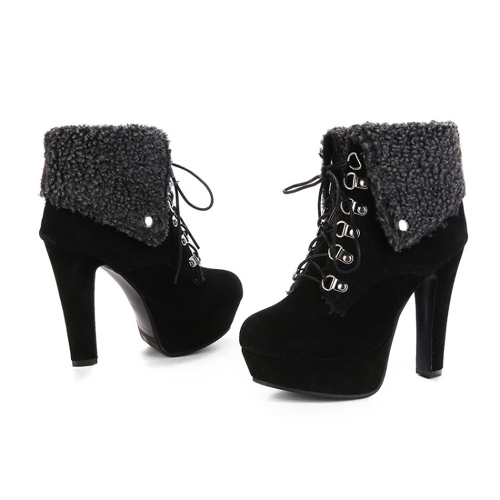 Bottes en fourrure à lacets à revers talons super hauts 12cm