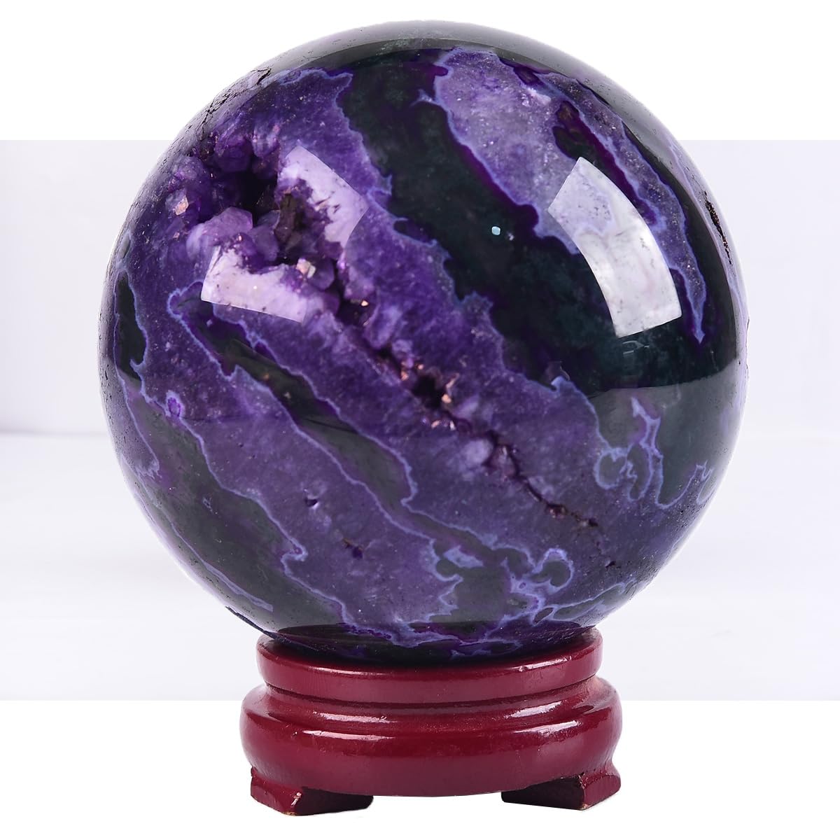 JIC Gem Purple Moss Agate Crystal Sphere Large Quartz Crystal Ball with Stand Healing Ornament Witchcraft Meditation Decor 3.5-4 inch(90-100mm)