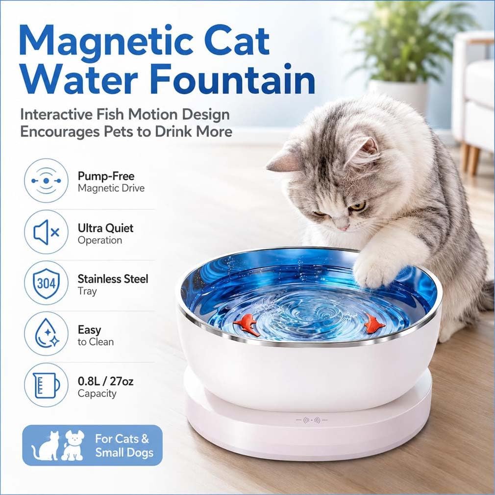 Magnetic Cat Water Fountain, Magnetischer Katzen-Trinkbrunnen, Katzenbrunnen Kabellos 0.8L, mit interaktivem Fisch-Motion-Design, ultraleise Trinkbrunnen, Edelstahl-Tablett