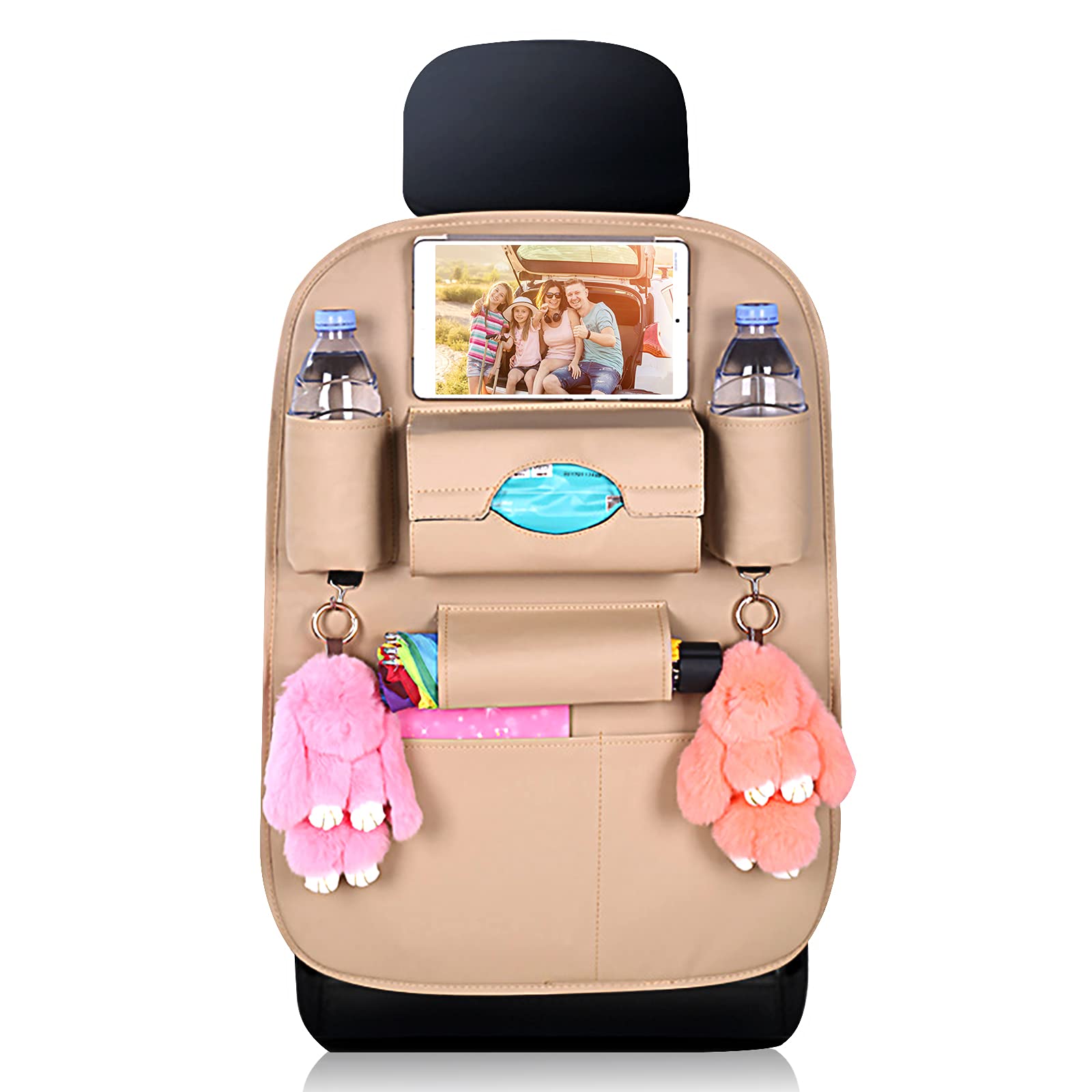 Gift2u Car Seat Back Protector Backseat Organizer Upgrade PU Leather Backseat Car Storage Bag Car Accessories Anti-kick Back Seat Protector Kick Mats with Tissue Holder for Traveling,Beige