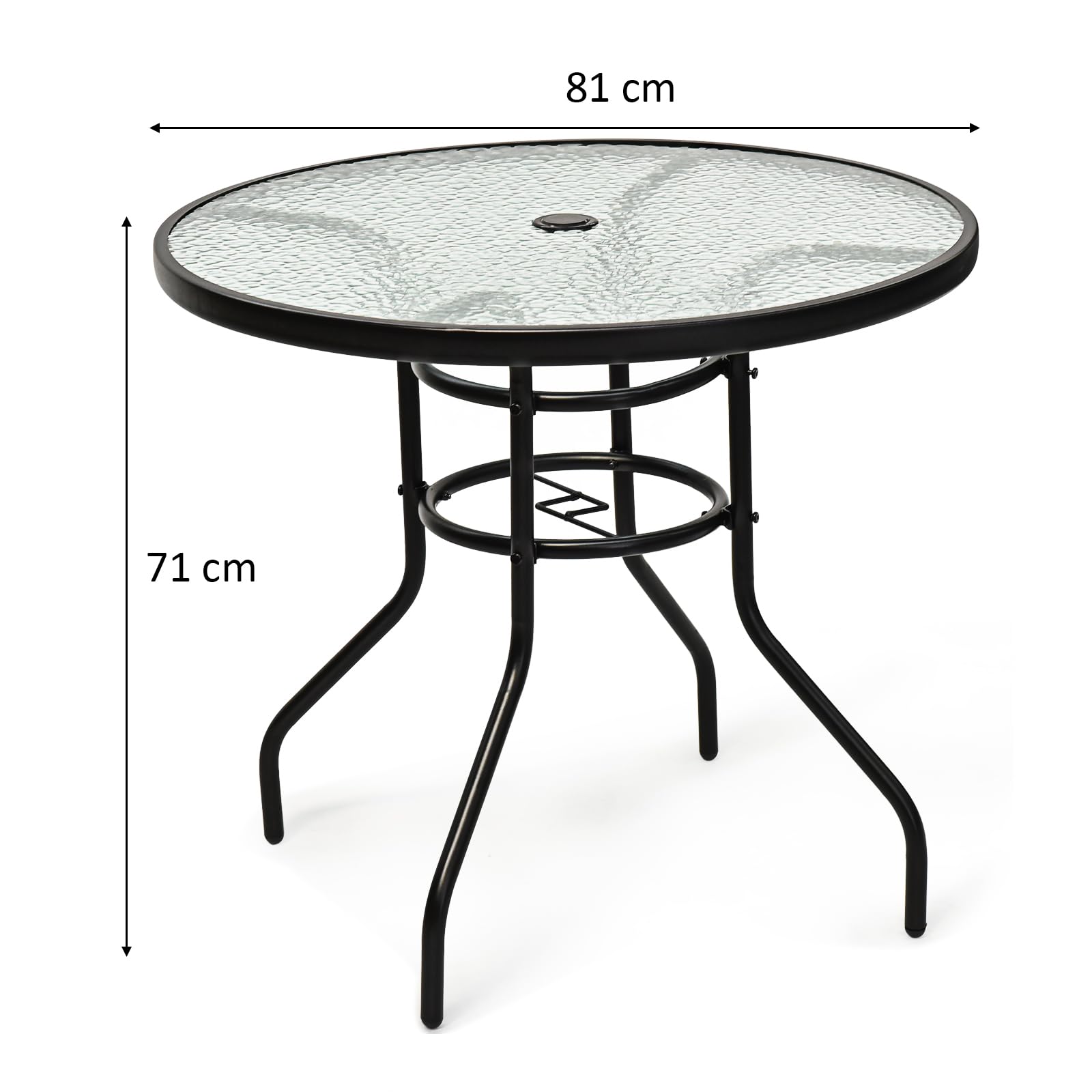 GOPLUS Gartentisch mit Schirmloch, Balkontisch mit Glasplatte & Metallrahmen, Terrassentisch Beistelltisch Bistrotisch Glastisch Esstisch für Garten & Terrasse (Rund)
