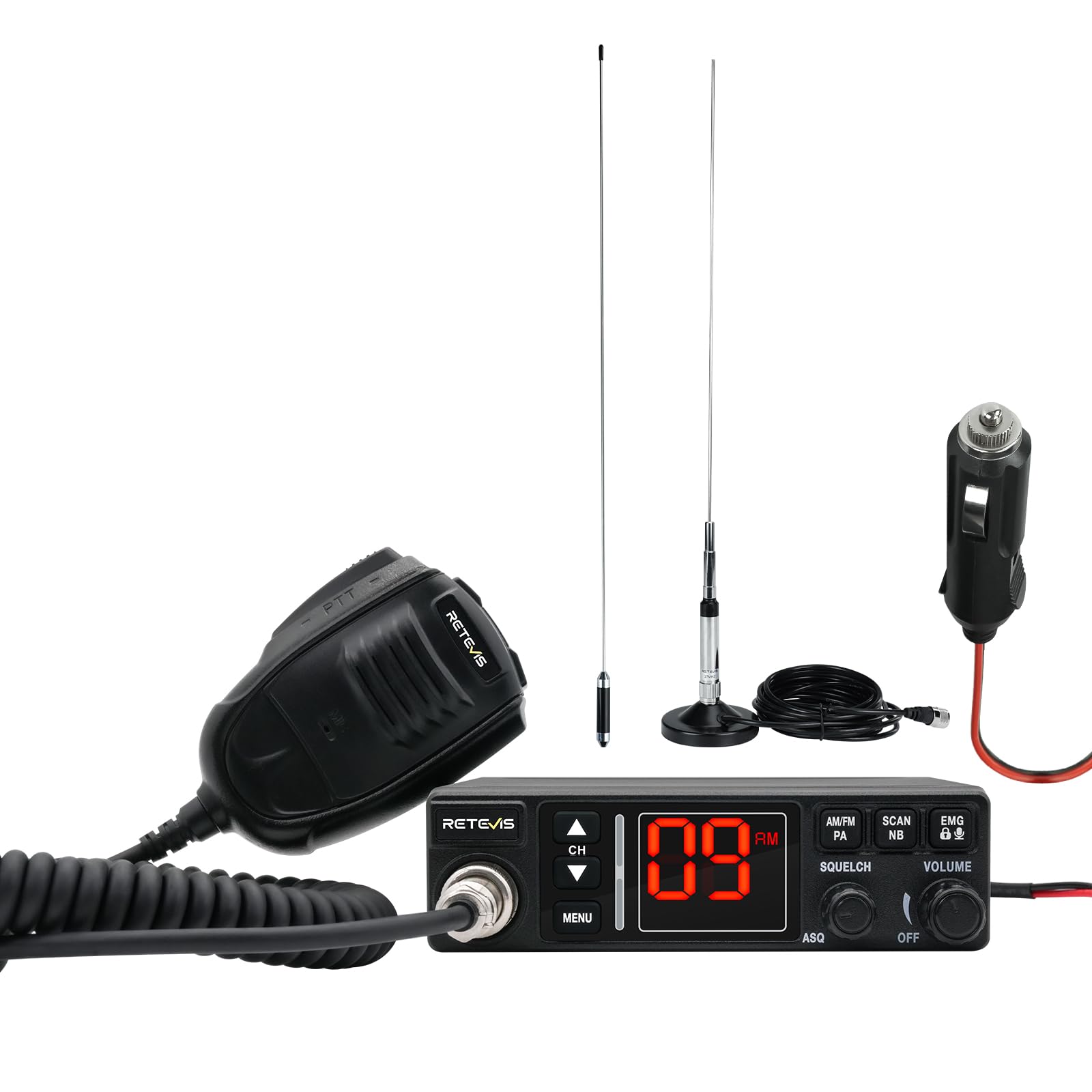 Retevis MB63A Radio CB, AM FM CB Auto con Antenna, Filtro Antirumore NB/ANL, 12V/24V con Accendino, Sistema PA, con Microfoni 6 Pin, 40 Canali, 4W, EMG CH9/19, per Camion Camper