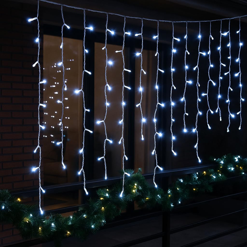 Tenda Luminosa 200 LED, 5Mt, Luce Bianca, Cavo Bianco, IP65, Prolungabile, Effetto Flash, Con fili pendenti a lunghezze alternate (30–70–40–60 cm) per effetto a cascata