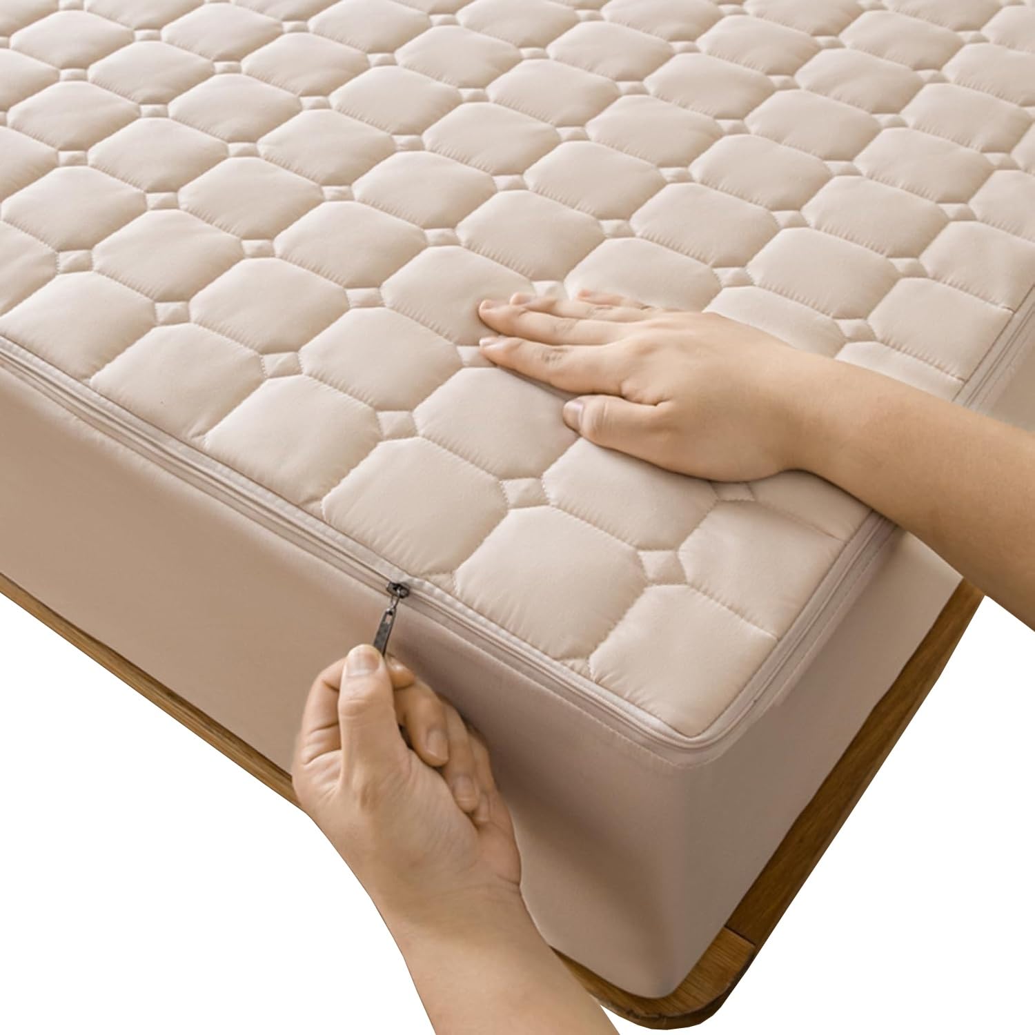 Housse de Matelas 160x200 140x190 avec Fermeture éclair, Protège-Matelas Matelassé 180 x 200 90x200 Housse Amovible et Lavable, Personnalisable(Beige,90x200x15cm)