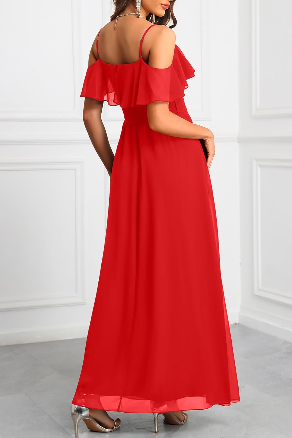 Formal Dresses for Women - Off The Shoulder Wedding Guest Bridesmaid Prom Chiffon Flowy Split A-Line Long Dress - Image 3