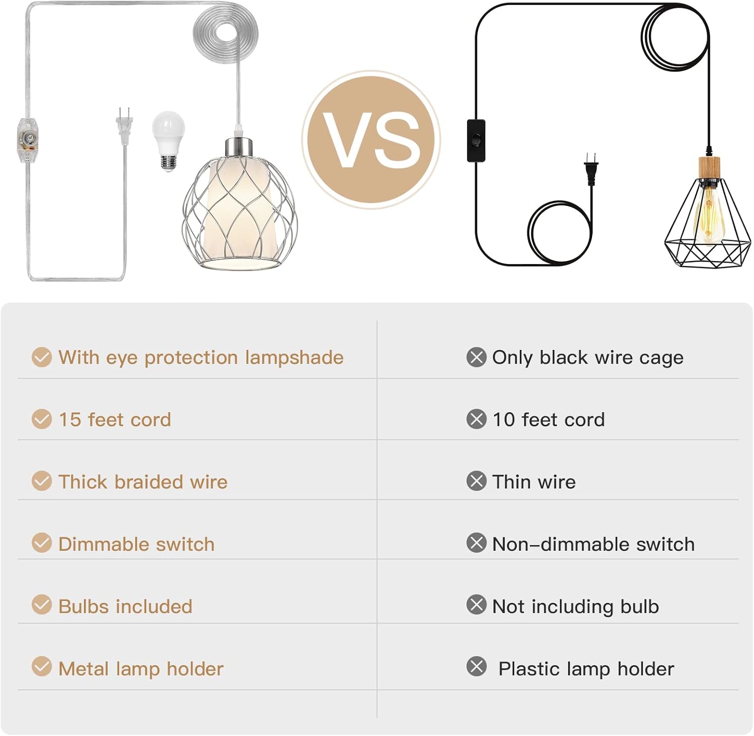Cinkeda Hanging Lights with Plug in Cord,Hanging Lamps That Plug into Wall Outlet with Dimmable Switch and 15 ft Clear Cord, Swag Lamp for Bedroom Kitchen Island Living Room (Bulb Included)