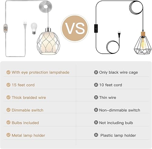 Miniatura 3 de Luces colgantes con cable de enchufe, lámparas colgantes que se enchufan a la toma de corriente con interruptor regulable y cable transparente de 15