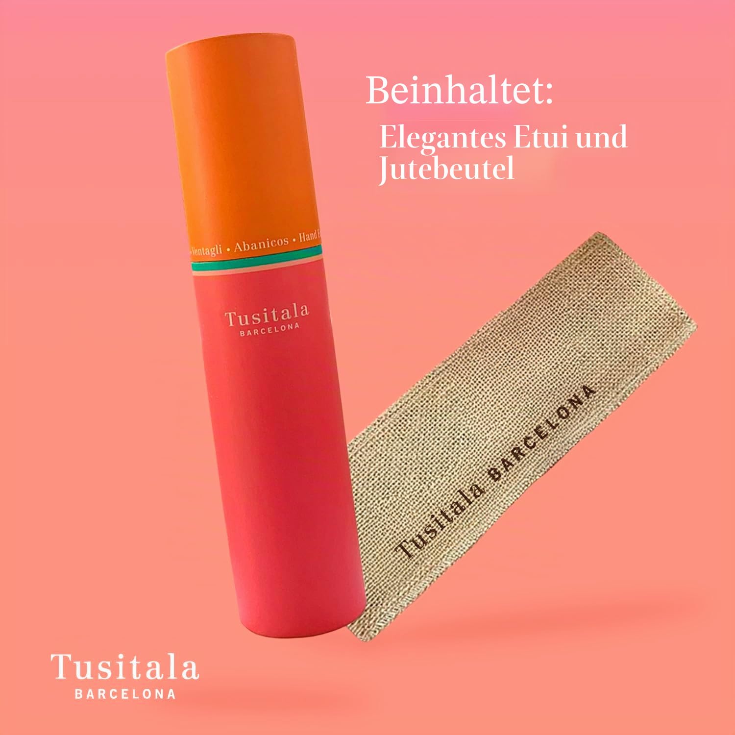 Spanischer Handfächer Sauvage–Holz und Baumwolle–23 cm–Etui und Hülle aus Jute–Modeaccessoire–Handgefertigt in Spanien–Events und Geschenke–Unsere Klassiker-Kollektion–Tusitala Barcelona