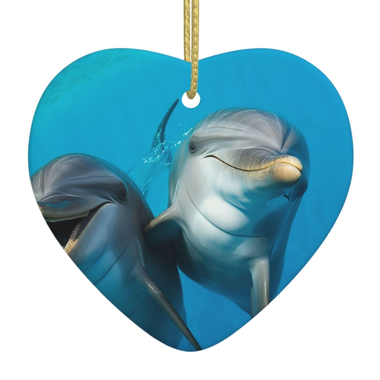 Smiling Face Dolphins Christmas Ornament 2025 Heart Ceramic Hanging Ornaments for Home Decor Christmas Decorations with Gold Rope Double-Sided Xmas Tree Ceramic Hanging for Holiday Party