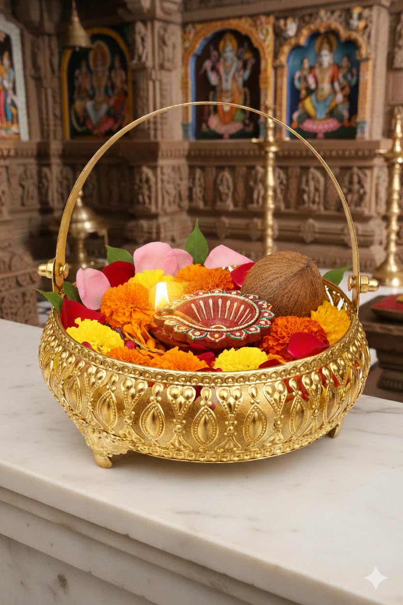 Decorative Gold Brass Puja Flower Basket with Handle, Traditional Indian Design, 6 Inches Diameter, 2.5 cm Height-image-29