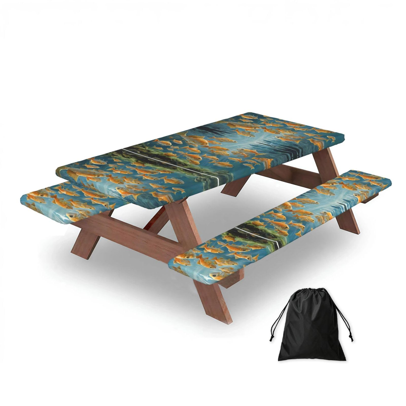 ESNAIUVCD Fishing Lake Fishermen Print Picnic Table Cover With Bench Covers,Camping Essentials,Fitted Tablecloth Cover With Elastic Edge, For Indoor & Outdoor 3 Pcs