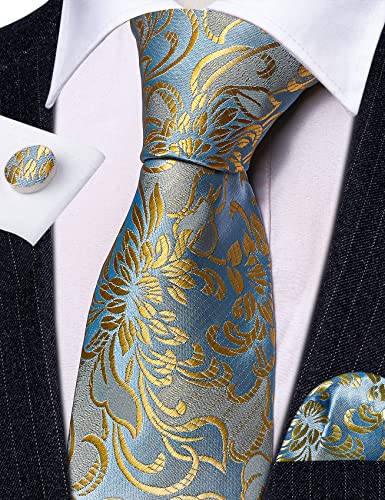 Image of Barry.Wang Flower Ties for Men Silk Woven Floral Tie Sets Necktie Handkerchief Cufflinks Wedding Party