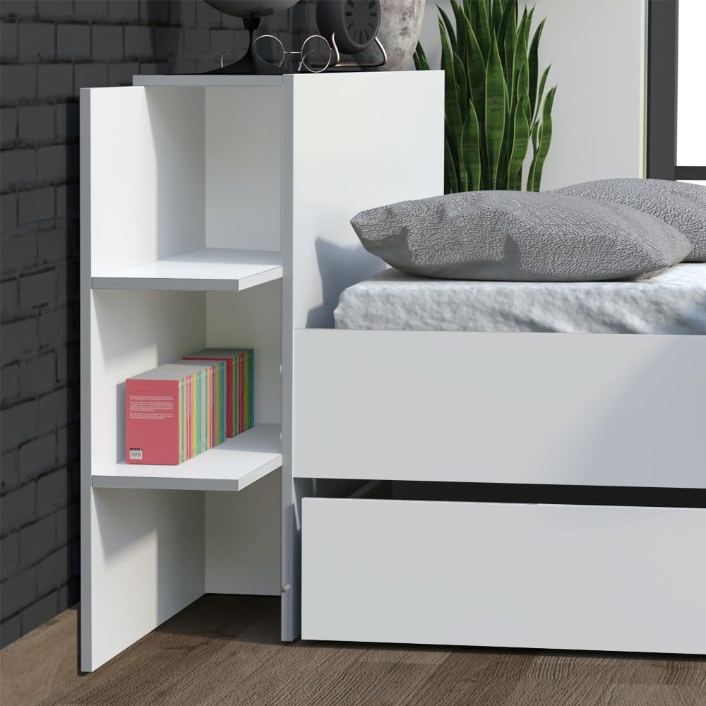 WEBER INDUSTRIES Lit City 140x190 + tête de lit Chevet + 1 tiroir/Blanc