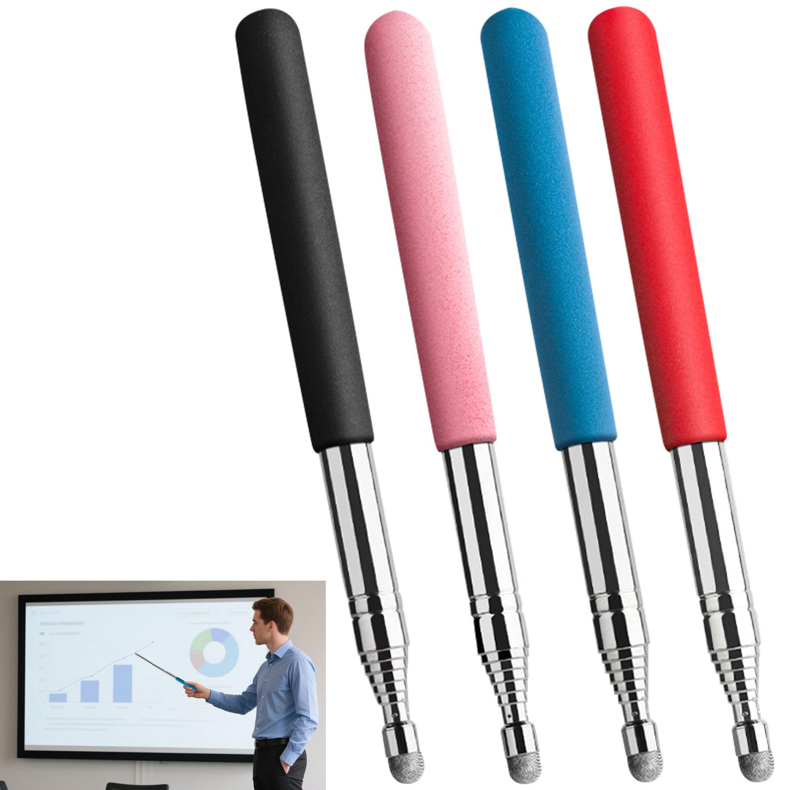 Wesoke 4 Pcs Telescopic Teachers Pointer Stick Extendable Hand Presenter Pointer Sticks with Touch Screen, Retractable Handheld Classroom Whiteboard Stick for Presentations, Teaching, Office