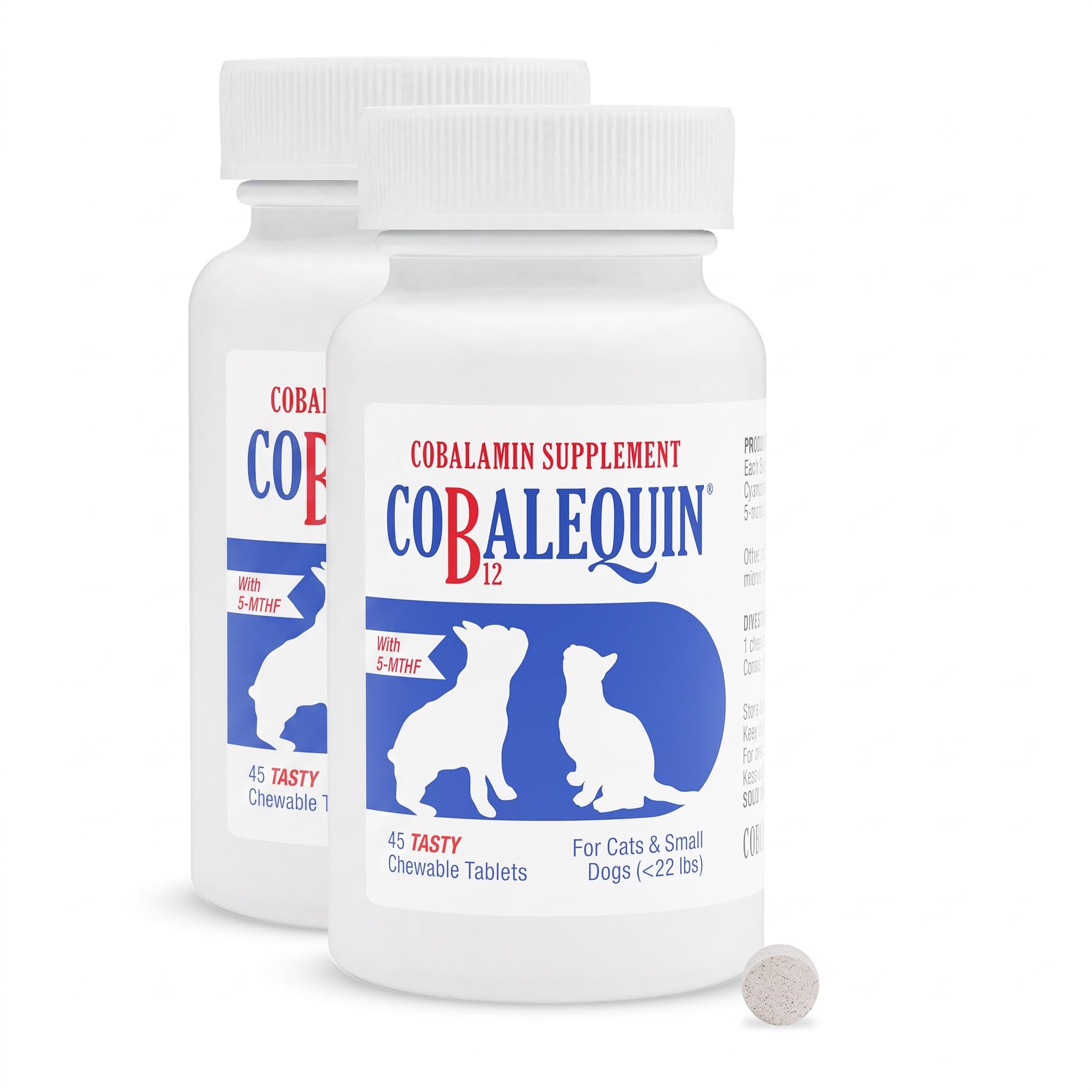 Nutramax Cobalequin B12 for Dogs and Cats, Oral Cobalamin Supplement with Folate, Vitamin B12 for Dogs Under 22 lbs. and Cats, Supports GI Health, Chewable Tablets, 45 Count (Pack of 2)